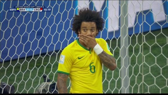 Marcelo stunned by his own goal...the first goal of WC 2014.