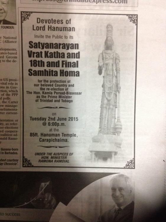 The notice for Hanooman Pooja in Trinidad Express, June 1st, 2015, p 17